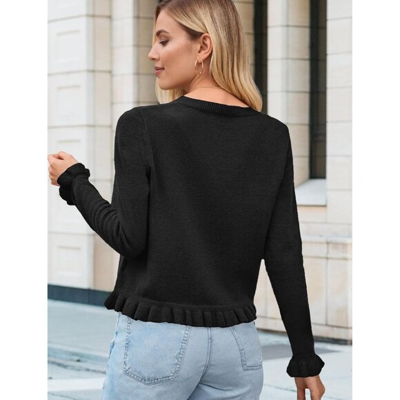 Alljoin Women Black Long Sleeve Solid Knit Cardigan Casual Crewneck Sweater - Picture 2 of 7